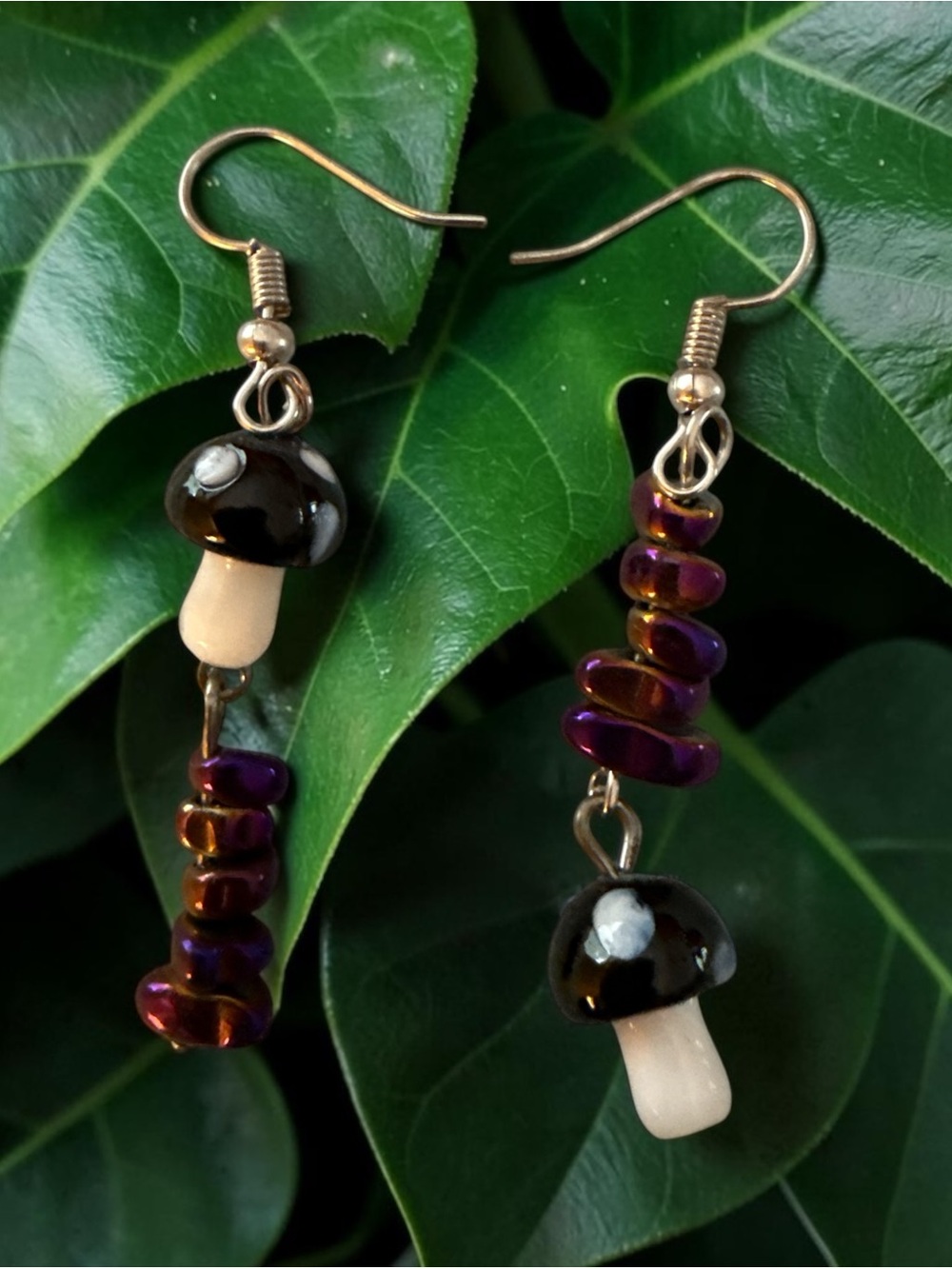 Handmade Purple Glass Mushroom Drop Earrings - Brand